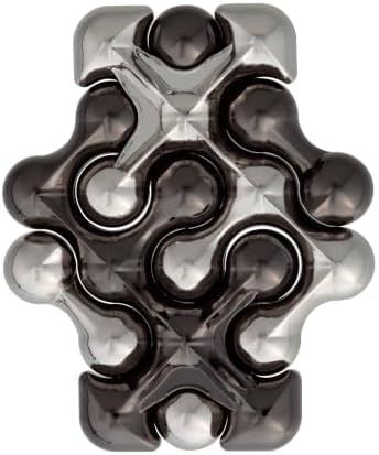 Dot hanayama cast metal puzzle assembled on a work bench
