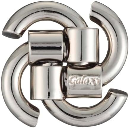 Galaxy hanayama cast metal puzzle assembled on a work bench