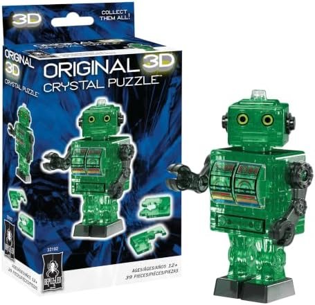 Green Tin Robot original 3d crystal puzzle assembled on a work bench