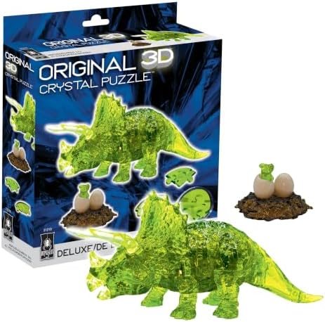 Green Triceratops & Baby deluxe 3d crystal puzzle assembled on a work bench