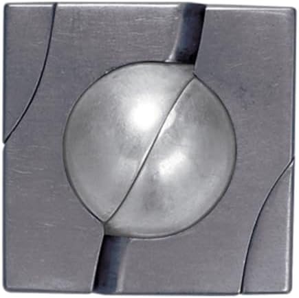 Marble hanayama cast metal puzzle assembled on a work bench
