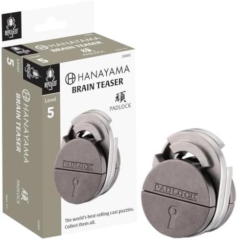 Padlock hanayama cast metal puzzle assembled on a work bench