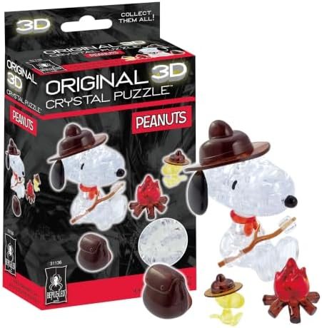 Peanuts Snoopy Campfire original 3d crystal puzzle assembled on a work bench
