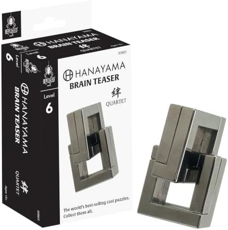 Quartet hanayama cast metal puzzle assembled on a work bench