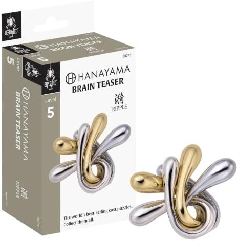 Ripple hanayama cast metal puzzle assembled on a work bench
